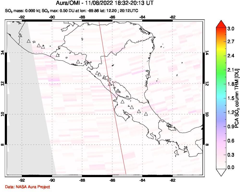 A sulfur dioxide image over Central America on Nov 08, 2022.