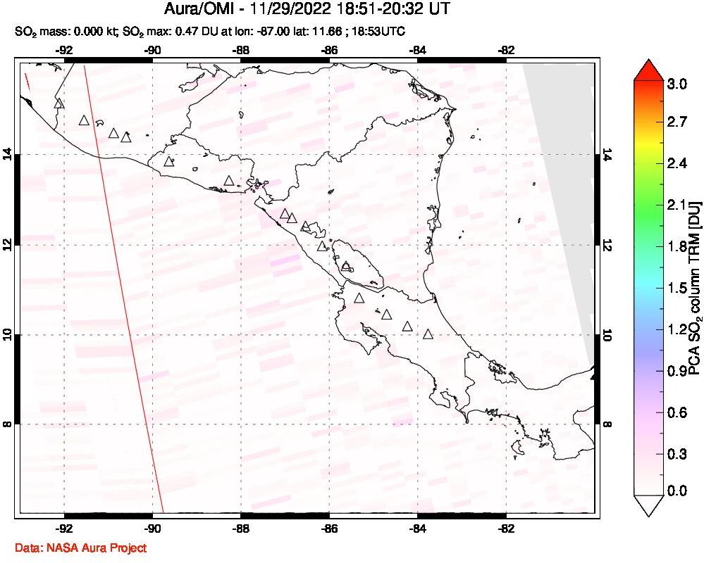 A sulfur dioxide image over Central America on Nov 29, 2022.
