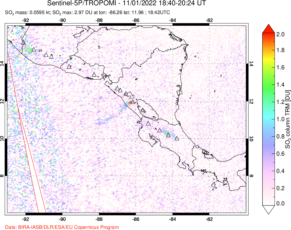 A sulfur dioxide image over Central America on Nov 01, 2022.