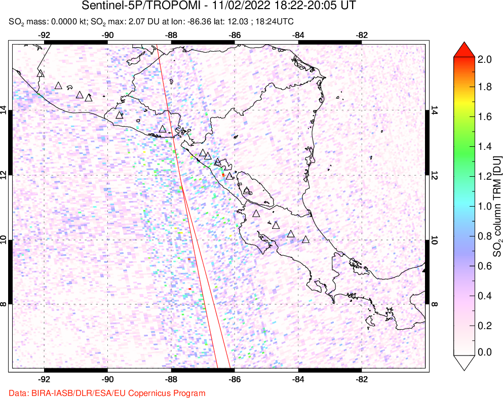 A sulfur dioxide image over Central America on Nov 02, 2022.