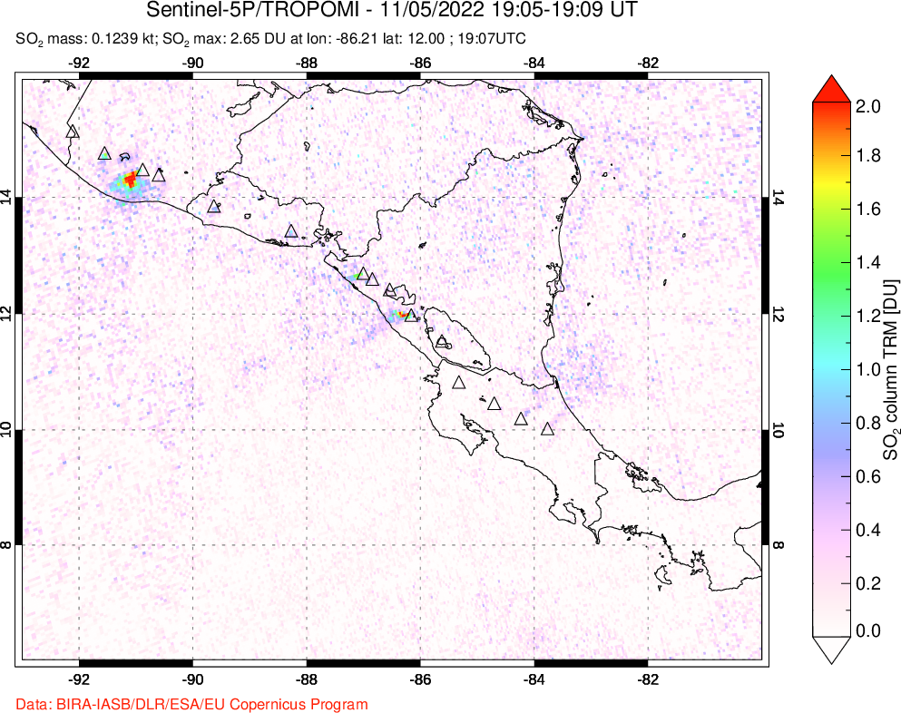 A sulfur dioxide image over Central America on Nov 05, 2022.