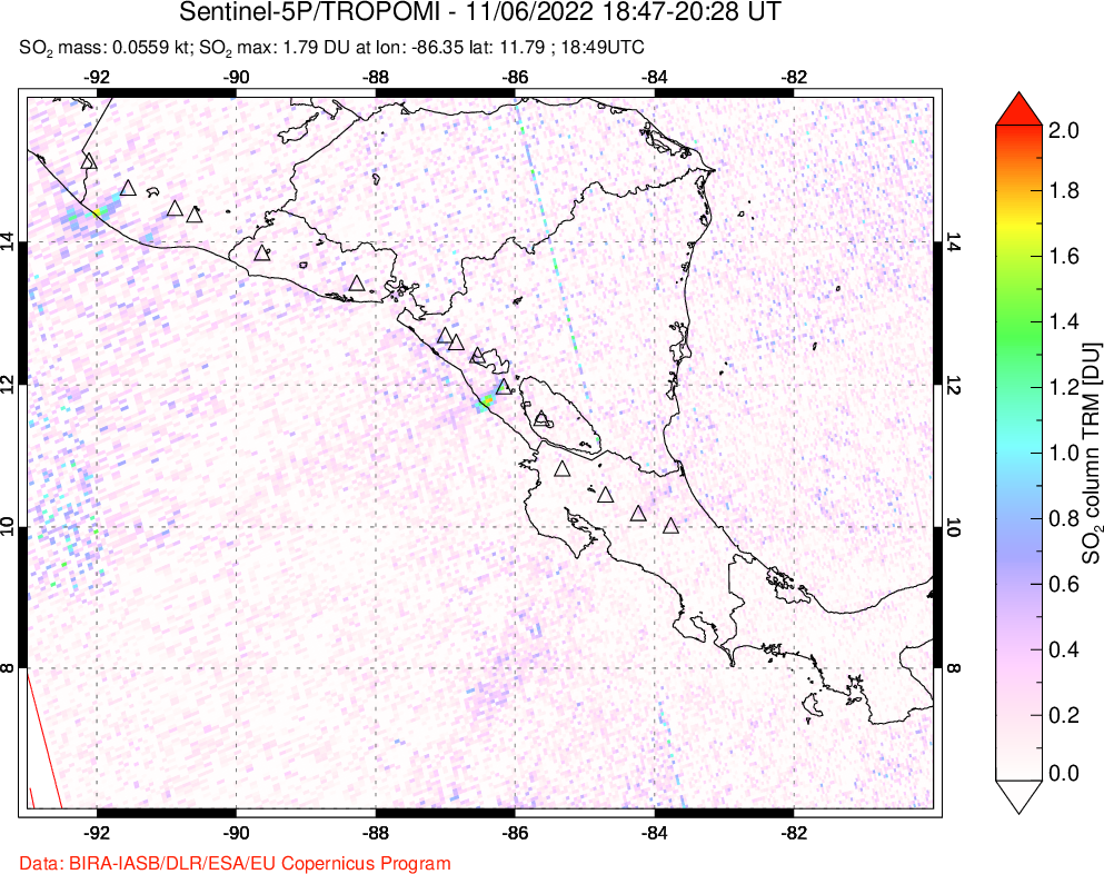 A sulfur dioxide image over Central America on Nov 06, 2022.