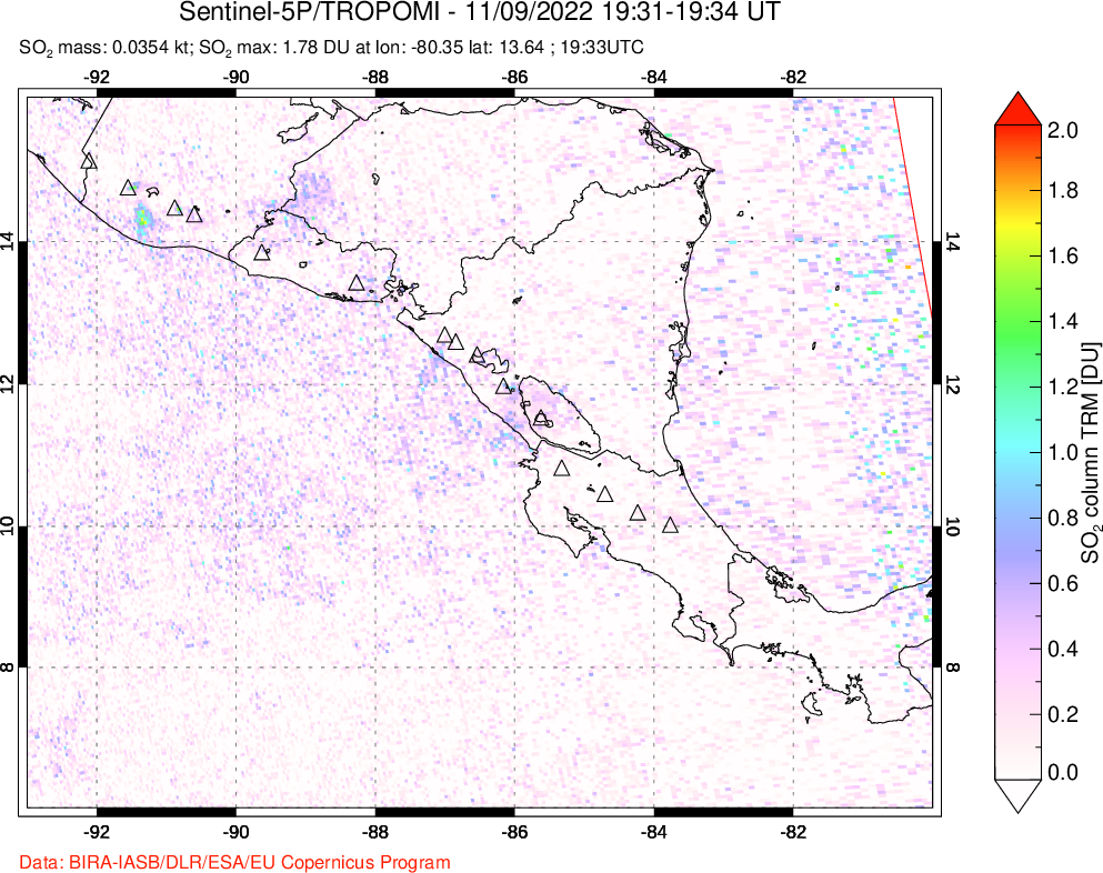 A sulfur dioxide image over Central America on Nov 09, 2022.