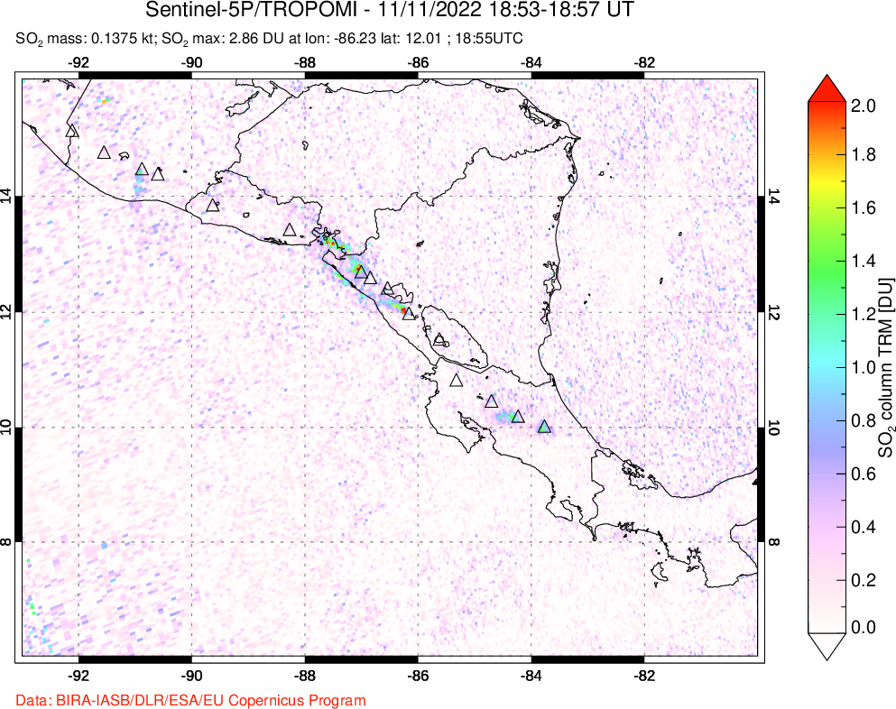 A sulfur dioxide image over Central America on Nov 11, 2022.