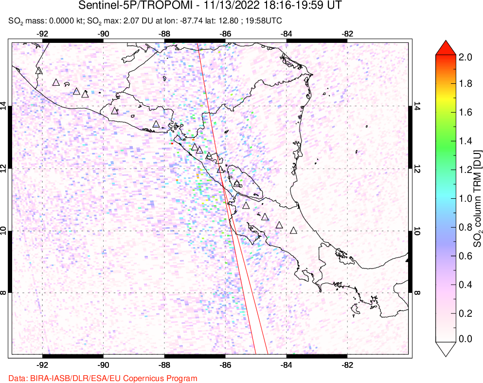 A sulfur dioxide image over Central America on Nov 13, 2022.