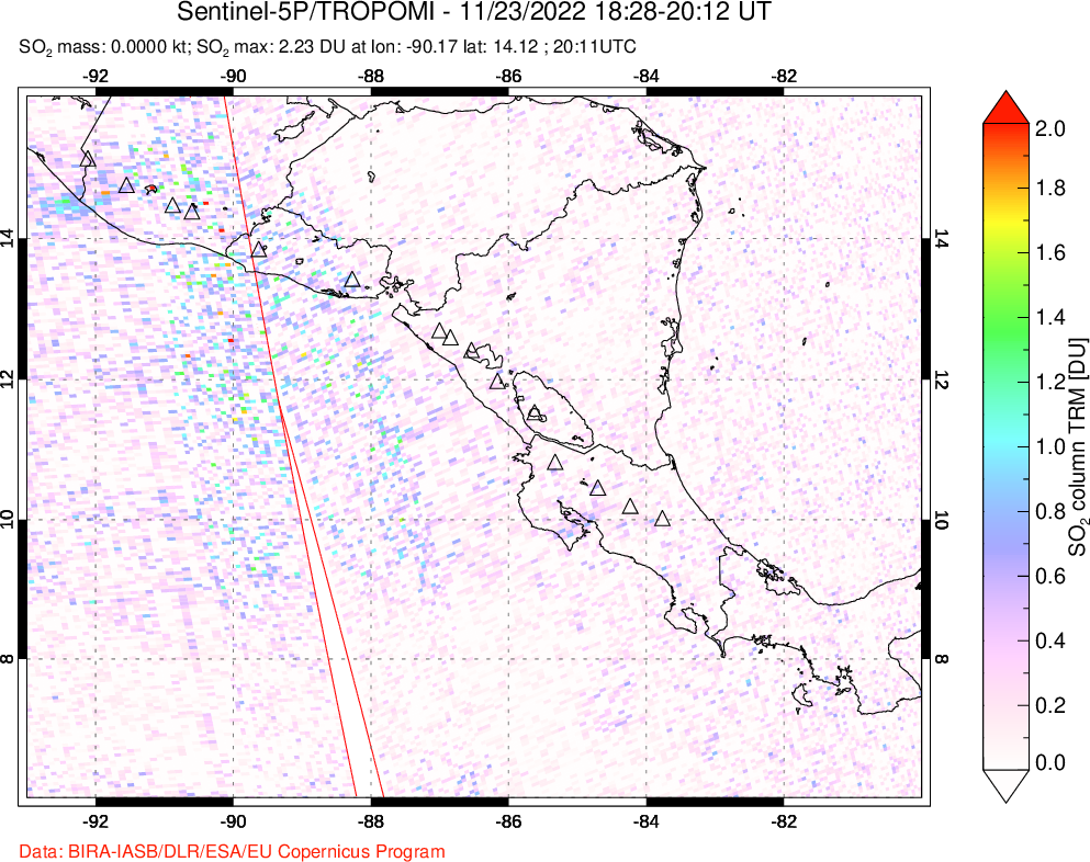 A sulfur dioxide image over Central America on Nov 23, 2022.