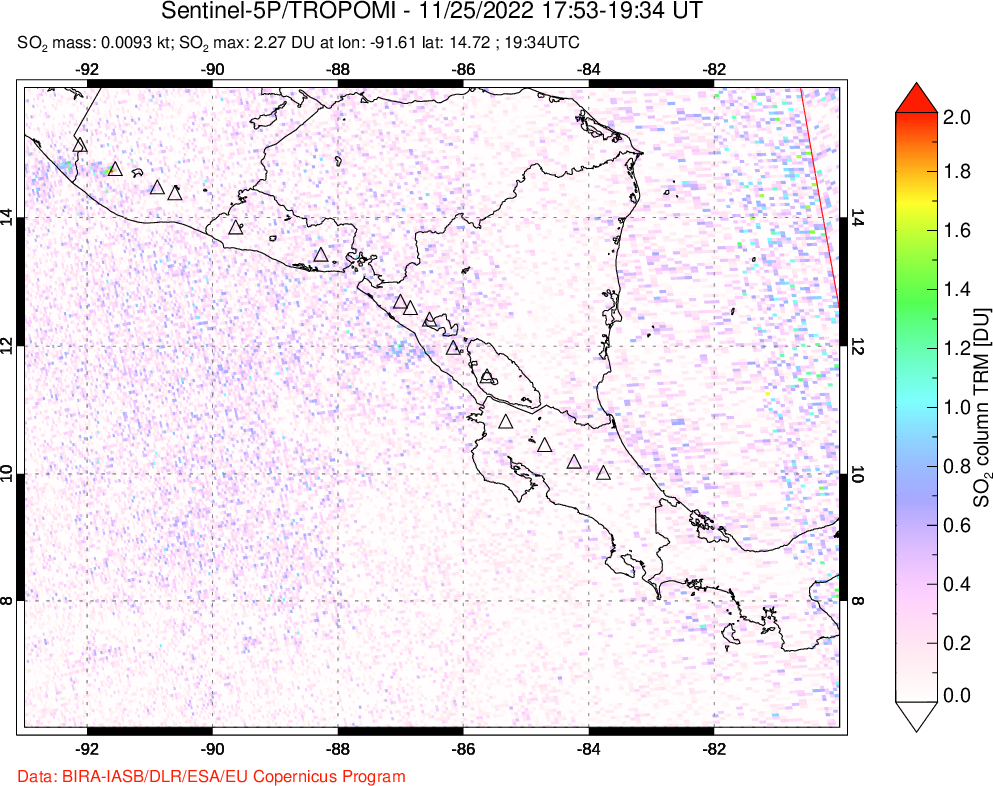 A sulfur dioxide image over Central America on Nov 25, 2022.