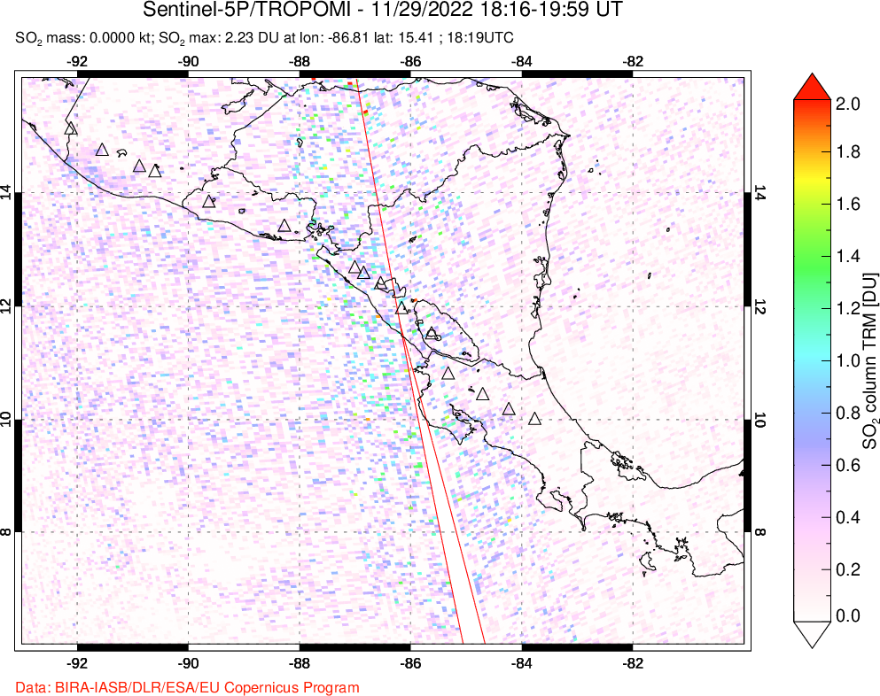 A sulfur dioxide image over Central America on Nov 29, 2022.