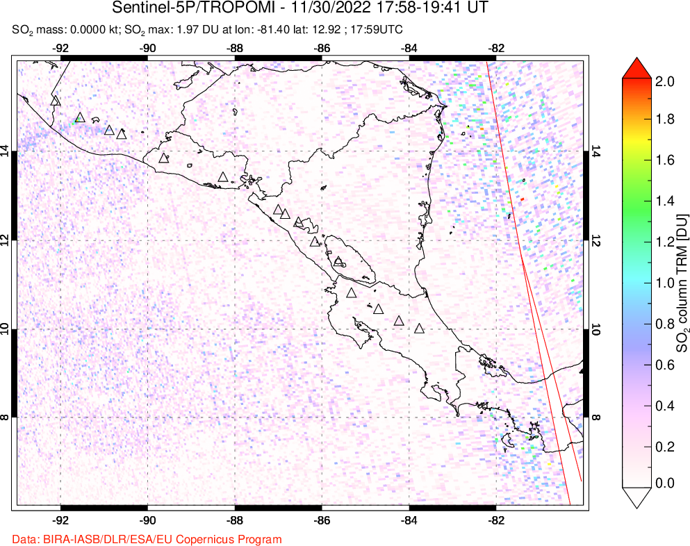 A sulfur dioxide image over Central America on Nov 30, 2022.