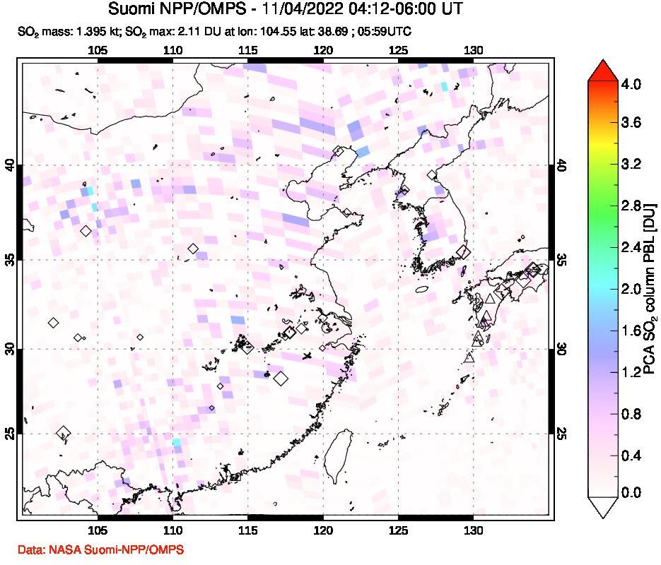 A sulfur dioxide image over Eastern China on Nov 04, 2022.