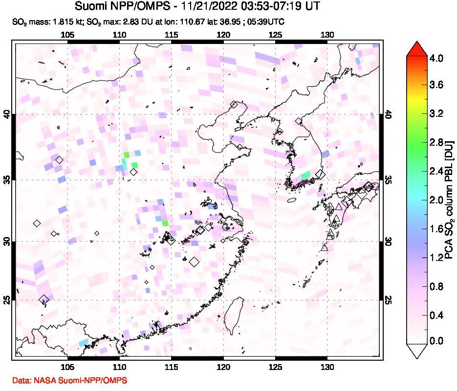 A sulfur dioxide image over Eastern China on Nov 21, 2022.
