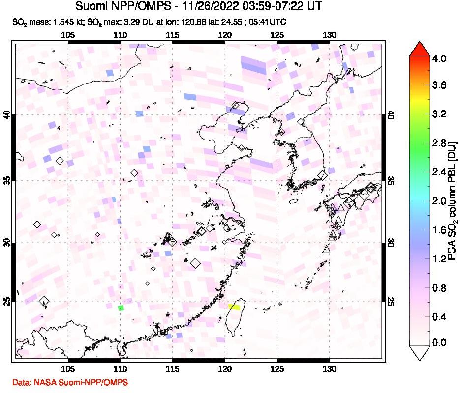 A sulfur dioxide image over Eastern China on Nov 26, 2022.