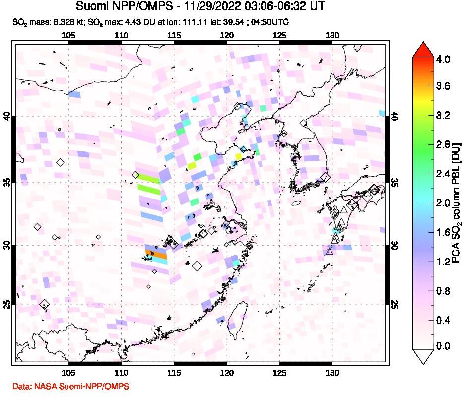A sulfur dioxide image over Eastern China on Nov 29, 2022.