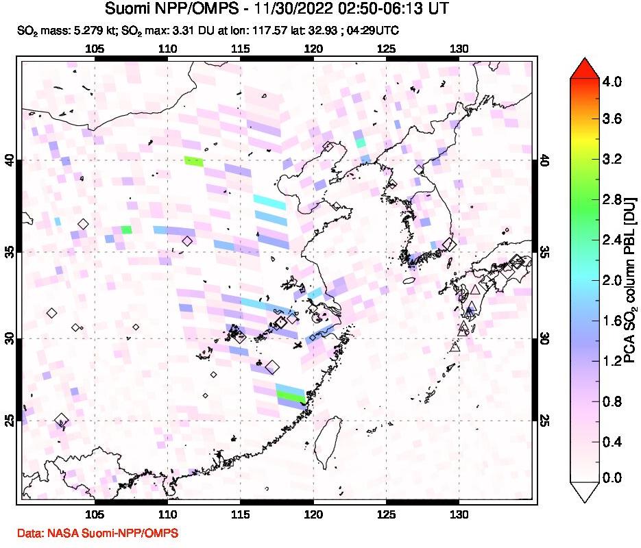 A sulfur dioxide image over Eastern China on Nov 30, 2022.