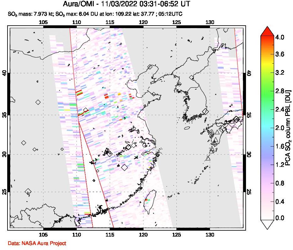 A sulfur dioxide image over Eastern China on Nov 03, 2022.