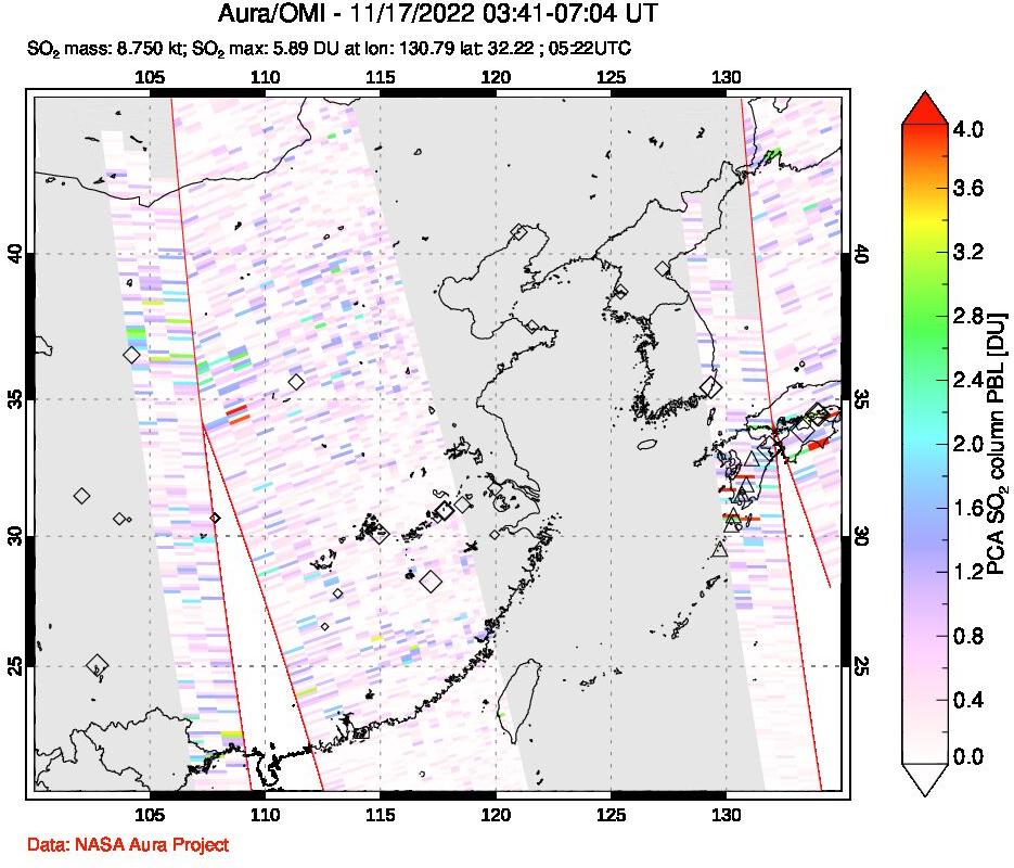 A sulfur dioxide image over Eastern China on Nov 17, 2022.
