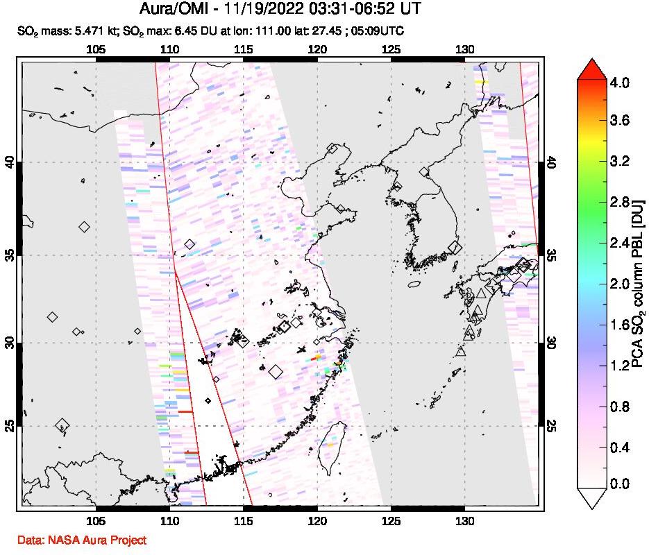 A sulfur dioxide image over Eastern China on Nov 19, 2022.