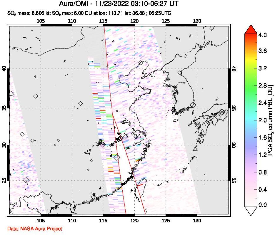 A sulfur dioxide image over Eastern China on Nov 23, 2022.