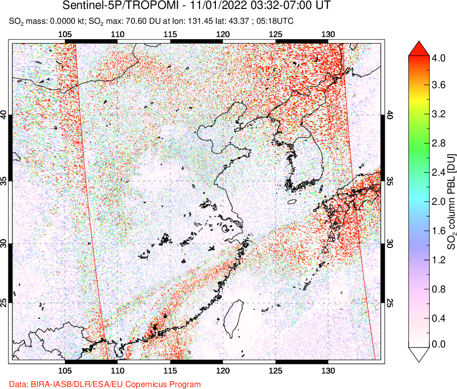 A sulfur dioxide image over Eastern China on Nov 01, 2022.
