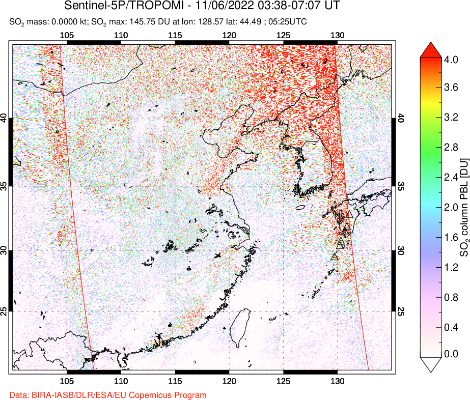 A sulfur dioxide image over Eastern China on Nov 06, 2022.