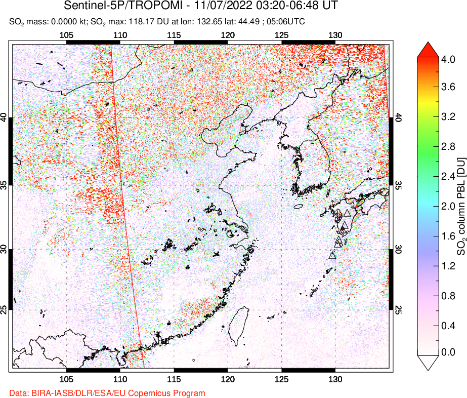 A sulfur dioxide image over Eastern China on Nov 07, 2022.