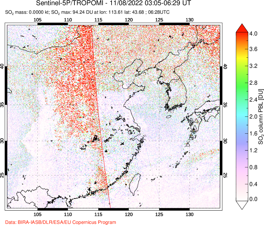 A sulfur dioxide image over Eastern China on Nov 08, 2022.
