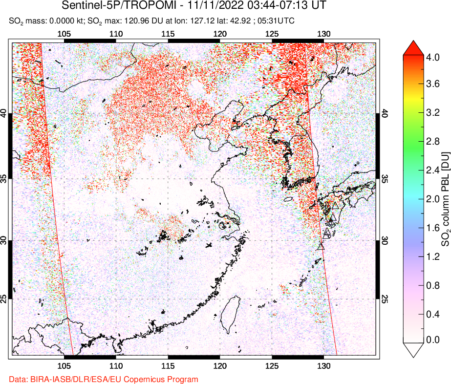 A sulfur dioxide image over Eastern China on Nov 11, 2022.