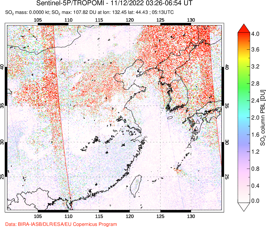 A sulfur dioxide image over Eastern China on Nov 12, 2022.
