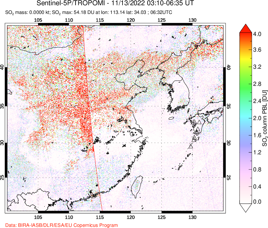 A sulfur dioxide image over Eastern China on Nov 13, 2022.