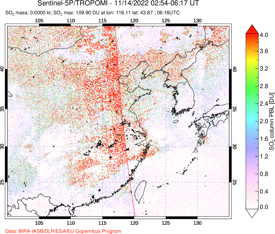 A sulfur dioxide image over Eastern China on Nov 14, 2022.