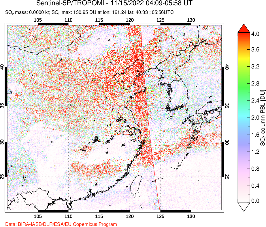 A sulfur dioxide image over Eastern China on Nov 15, 2022.