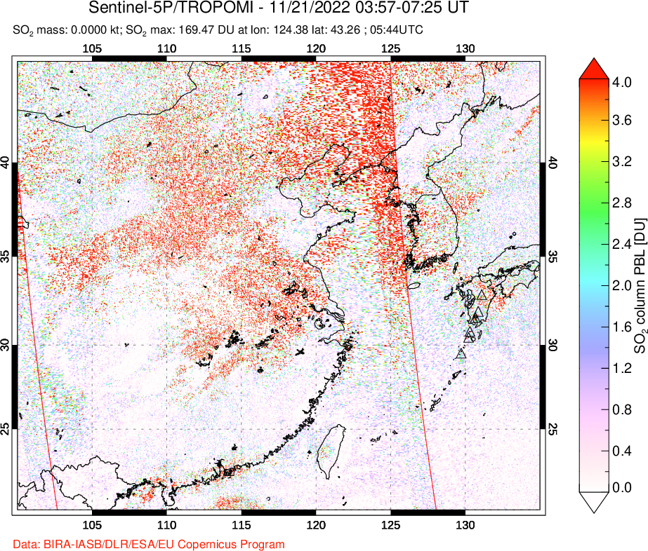 A sulfur dioxide image over Eastern China on Nov 21, 2022.