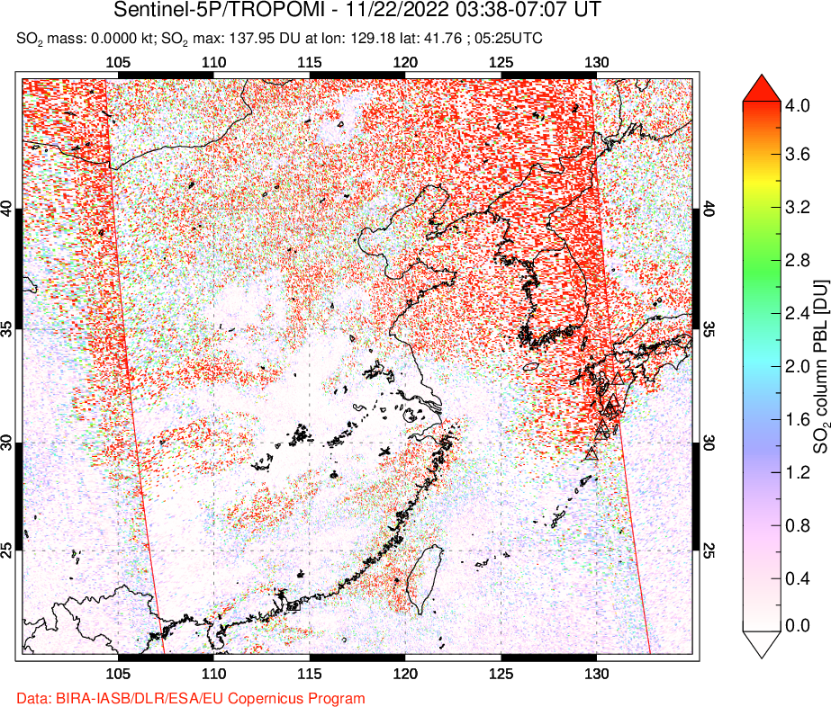 A sulfur dioxide image over Eastern China on Nov 22, 2022.
