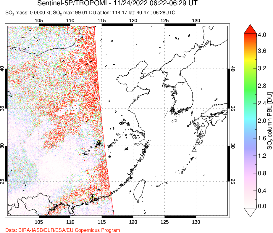 A sulfur dioxide image over Eastern China on Nov 24, 2022.