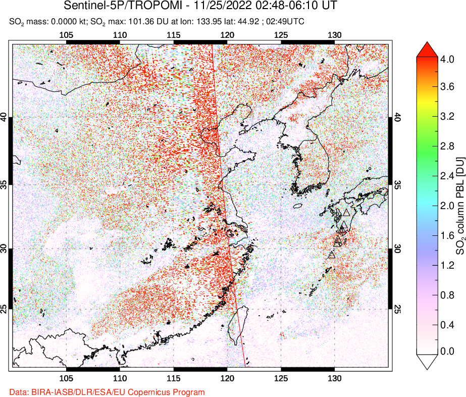 A sulfur dioxide image over Eastern China on Nov 25, 2022.
