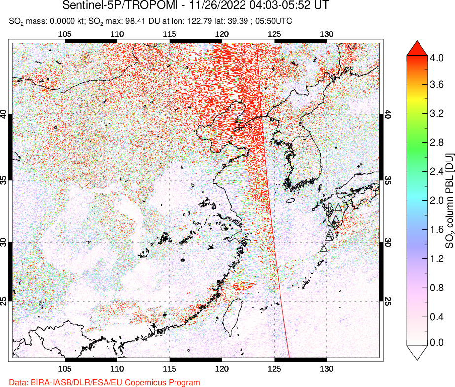 A sulfur dioxide image over Eastern China on Nov 26, 2022.