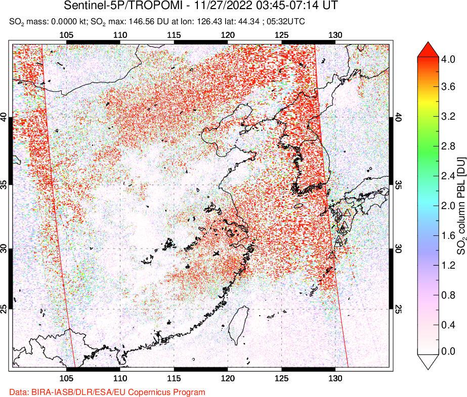 A sulfur dioxide image over Eastern China on Nov 27, 2022.