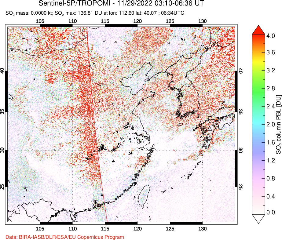 A sulfur dioxide image over Eastern China on Nov 29, 2022.