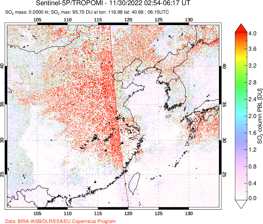 A sulfur dioxide image over Eastern China on Nov 30, 2022.
