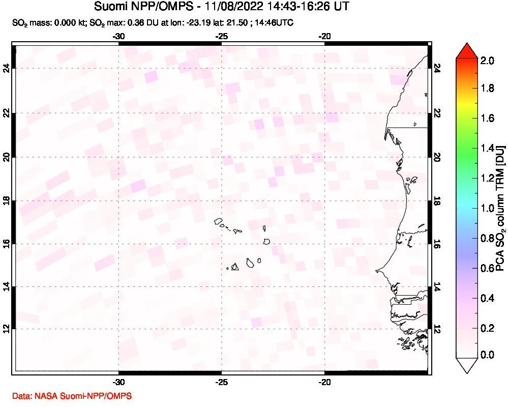 A sulfur dioxide image over Cape Verde Islands on Nov 08, 2022.
