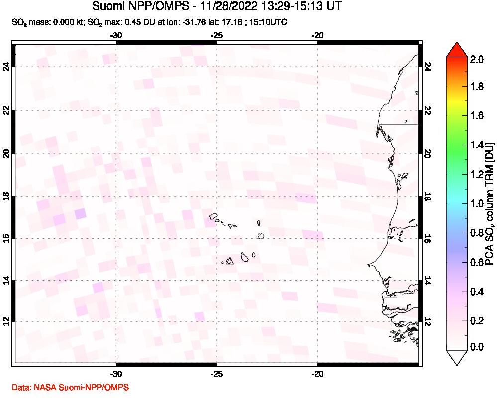 A sulfur dioxide image over Cape Verde Islands on Nov 28, 2022.