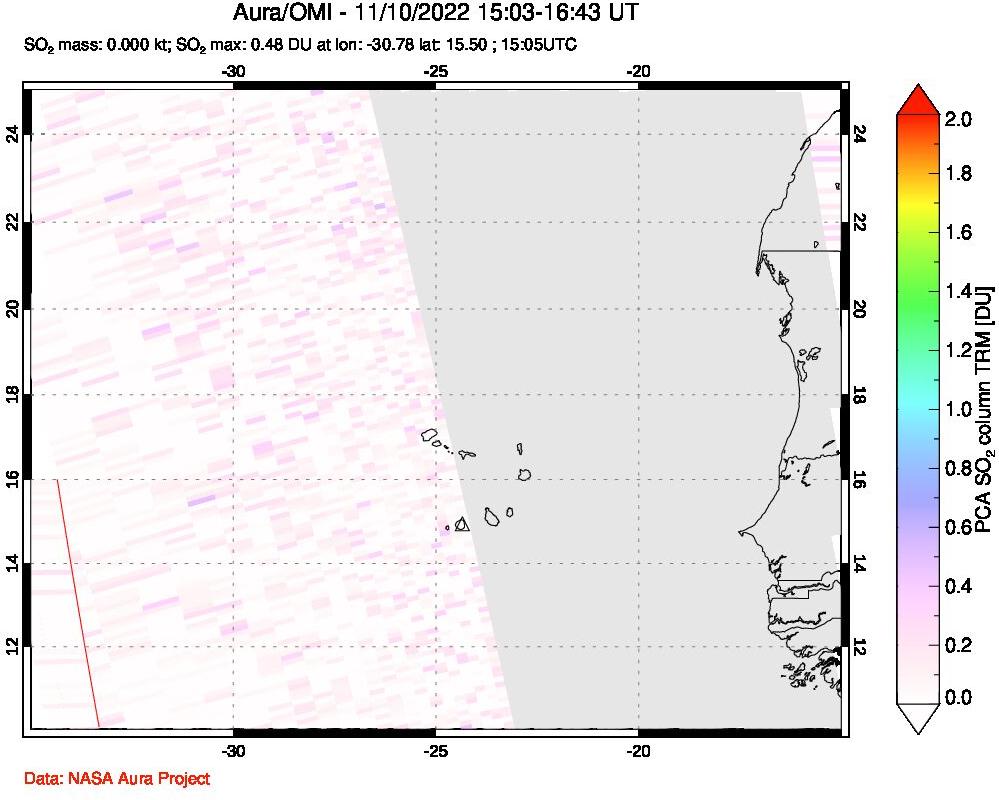 A sulfur dioxide image over Cape Verde Islands on Nov 10, 2022.