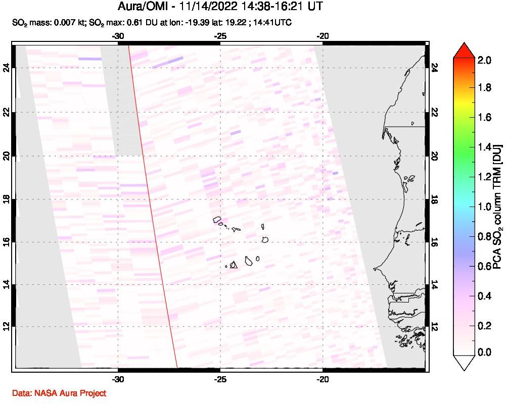 A sulfur dioxide image over Cape Verde Islands on Nov 14, 2022.