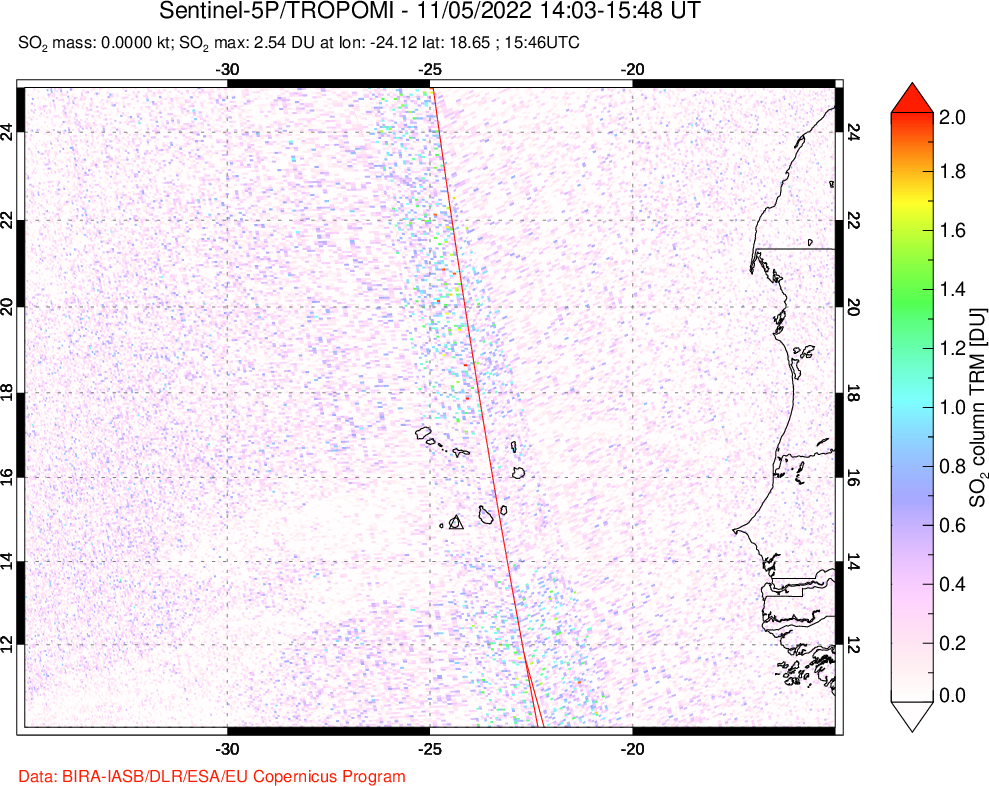 A sulfur dioxide image over Cape Verde Islands on Nov 05, 2022.