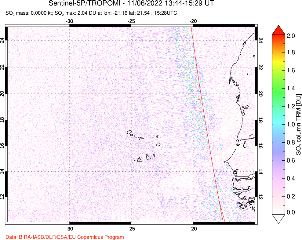 A sulfur dioxide image over Cape Verde Islands on Nov 06, 2022.