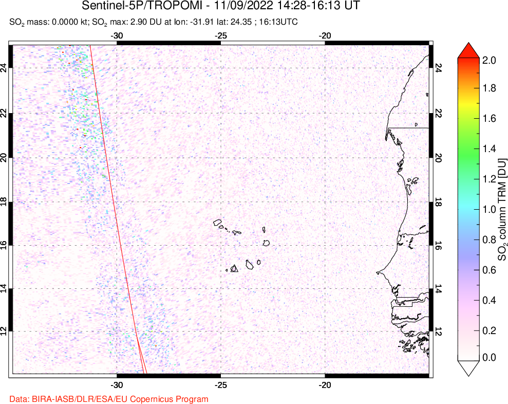 A sulfur dioxide image over Cape Verde Islands on Nov 09, 2022.