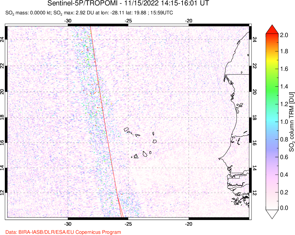 A sulfur dioxide image over Cape Verde Islands on Nov 15, 2022.