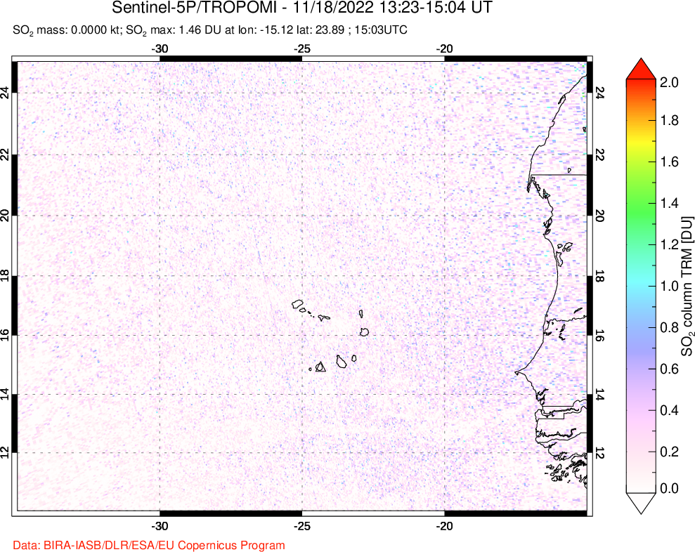 A sulfur dioxide image over Cape Verde Islands on Nov 18, 2022.