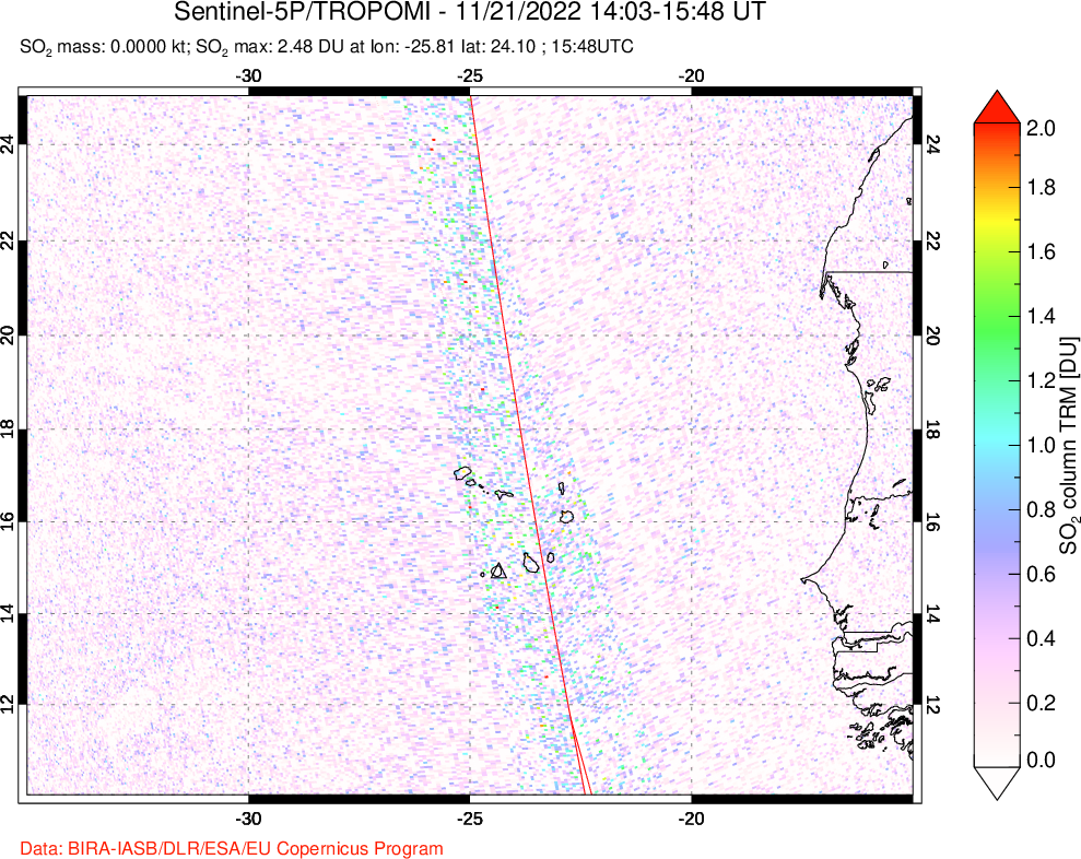 A sulfur dioxide image over Cape Verde Islands on Nov 21, 2022.