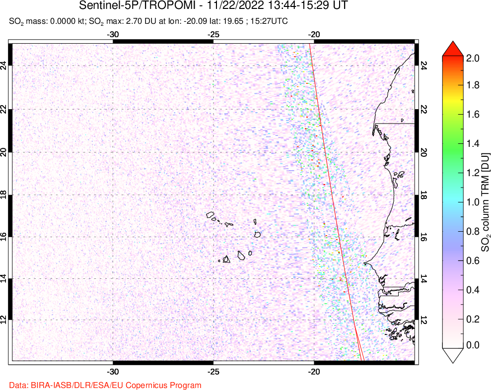A sulfur dioxide image over Cape Verde Islands on Nov 22, 2022.